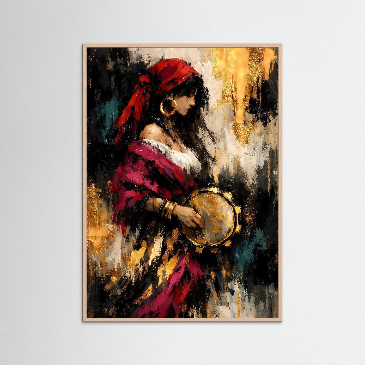 Porträt-Kunstposter (Hochformat) mit rosafarbenem Holzrahmen: Frau mit rotem Kopftuch und Tamburin