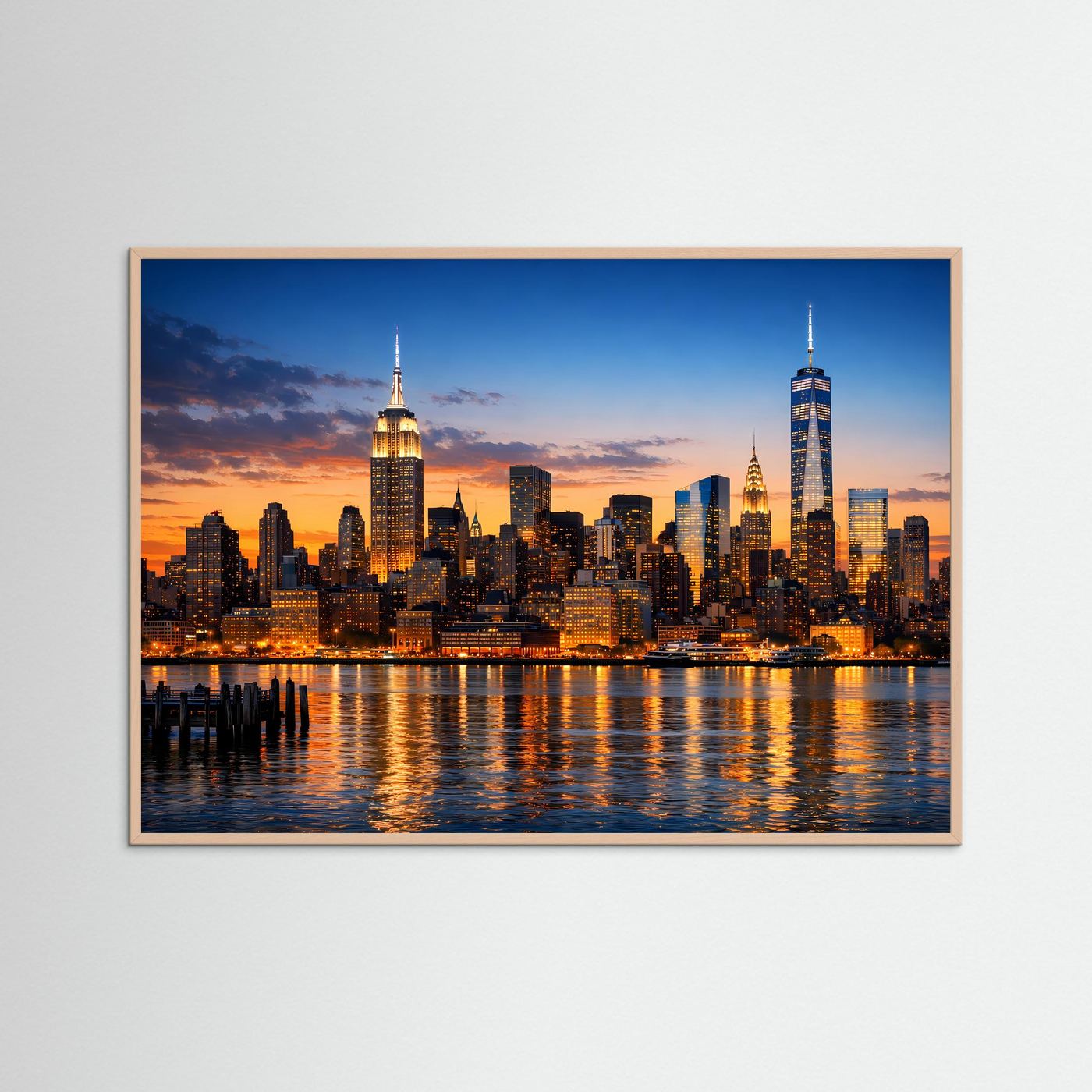 Wandposter Skyline von New York bei Sonnenuntergang, Querformat mit dunkelbraunem Holzrahmen