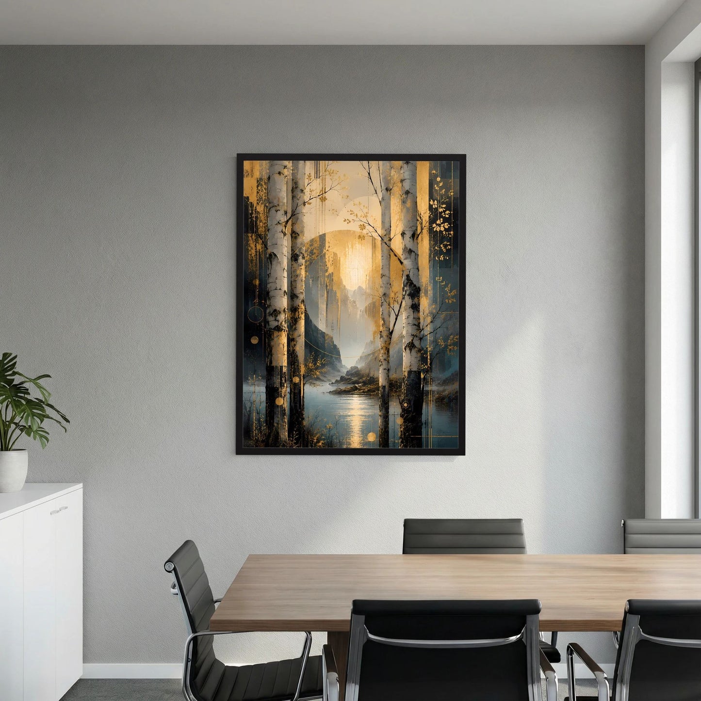 Gerahmtes Poster mit Birken am See und goldenem Himmel, Petrolverlauf im Hintergrund
