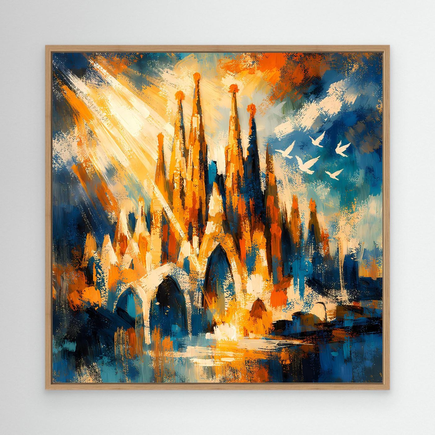 Abstraktes Leinwand-Wandbild mit Türmen in Blau, Orange und Gelb, Eichenrahmen