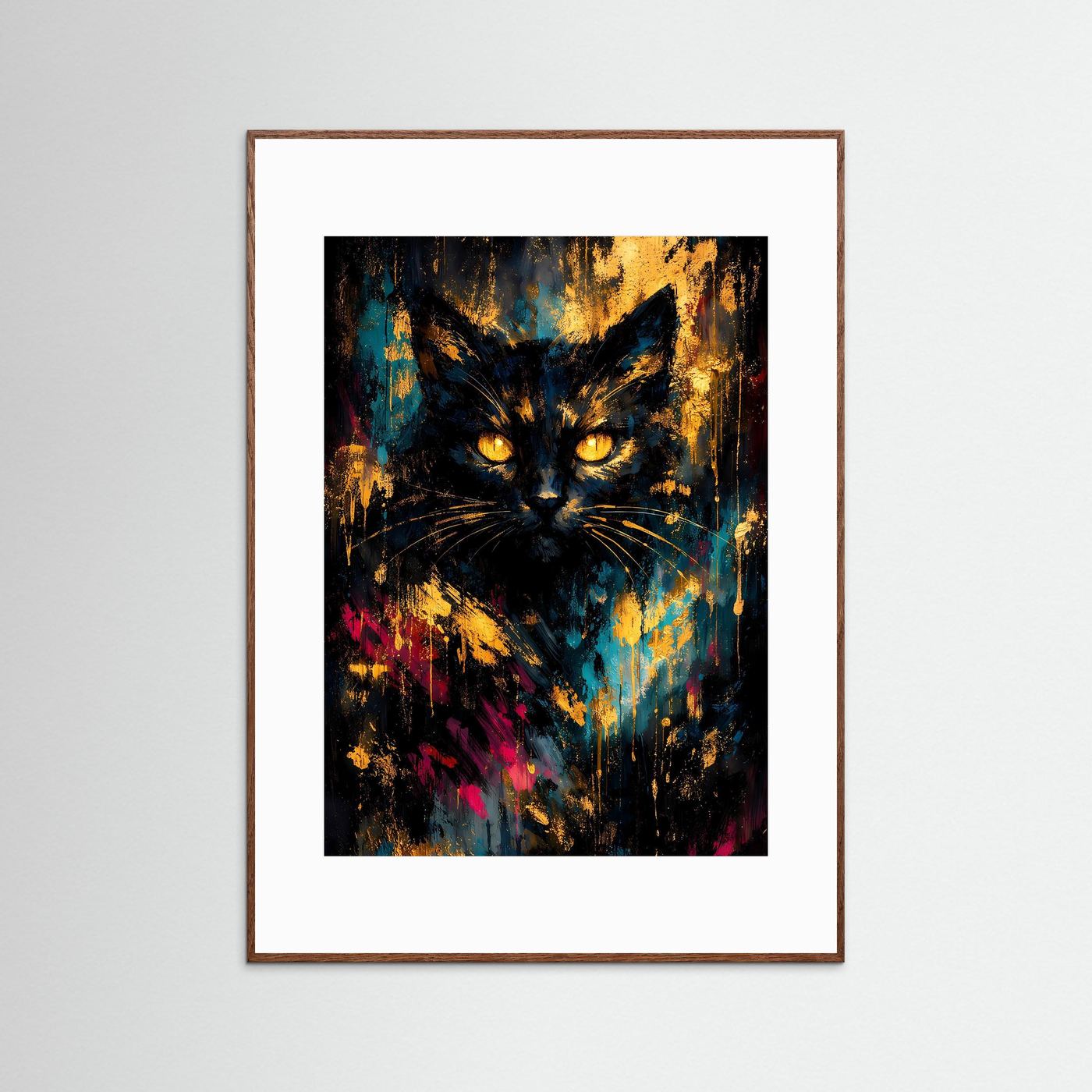 Katzen-Poster mit abstraktem Katzengesicht, dunkelbrauner Holzrahmen