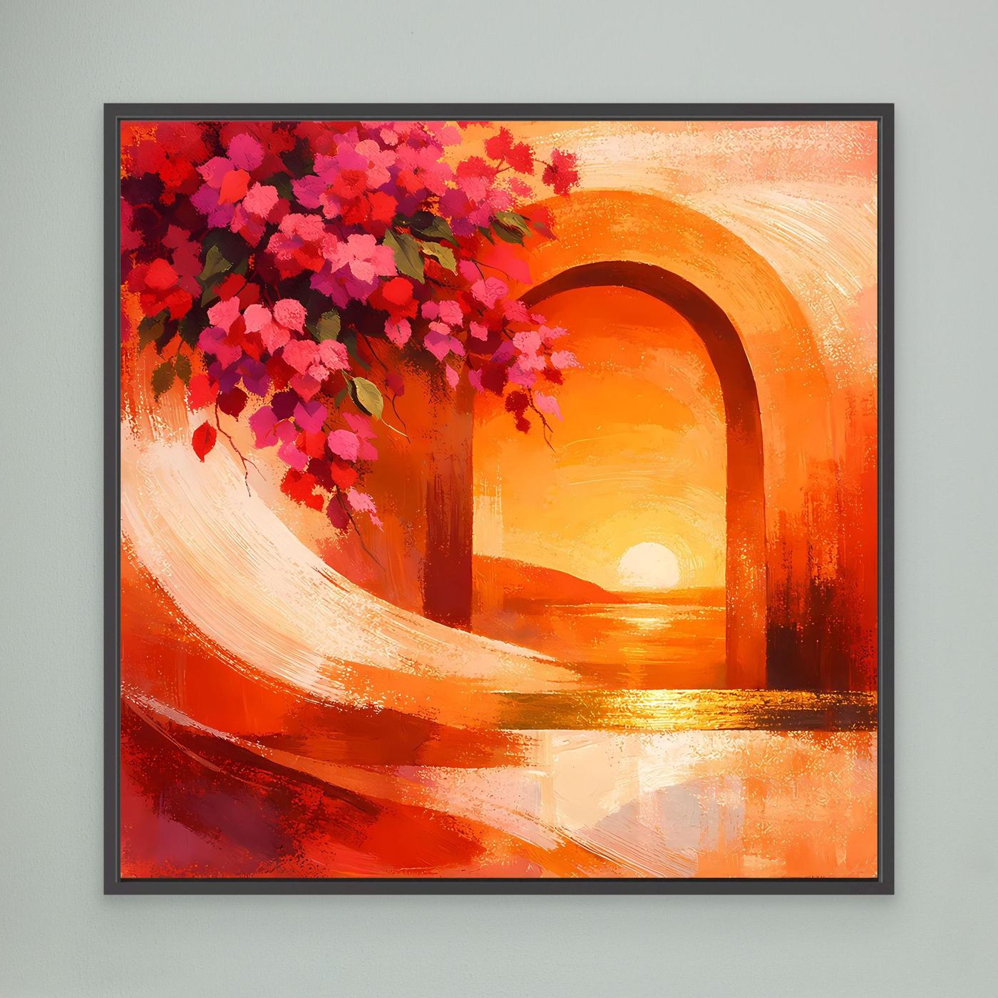 Leinwandbild: orangefarbener Torbogen mit pinken Blüten und Sonnenuntergang, schwarz gerahmt