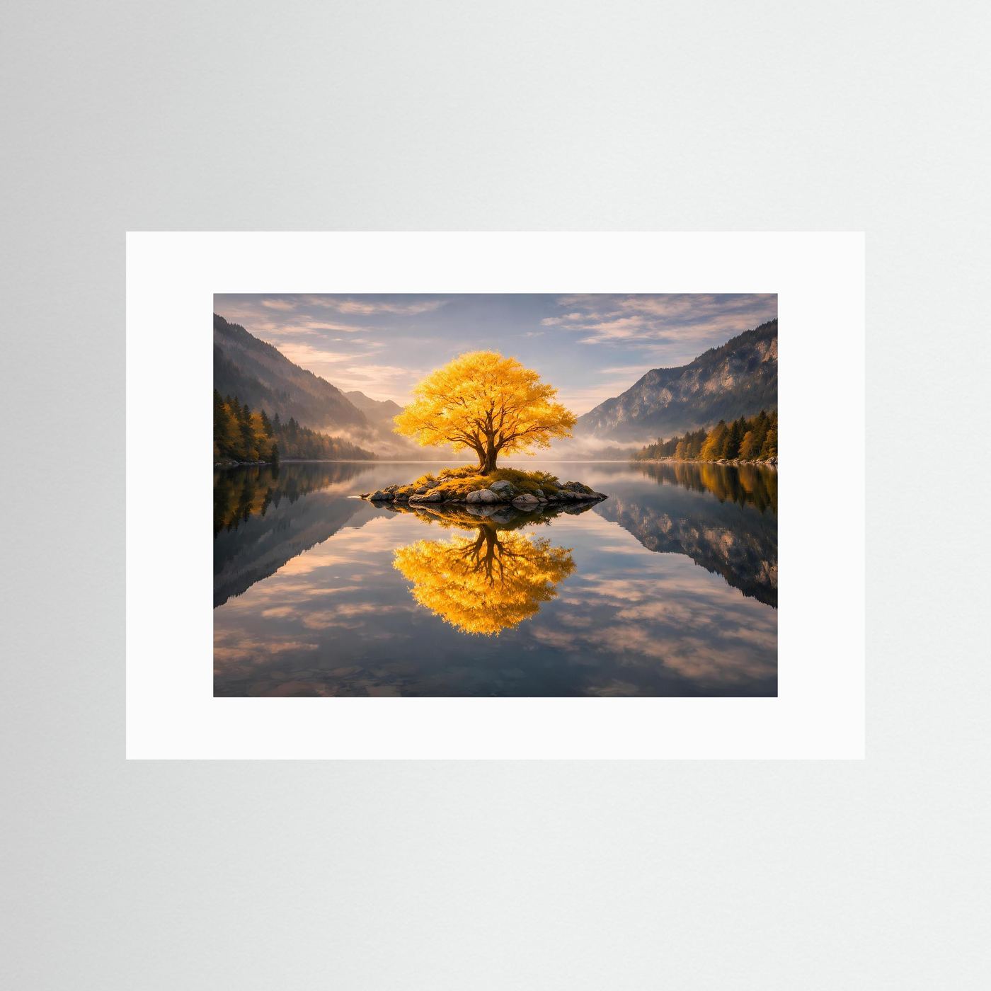 Wandbild mit goldener Baumkrone und Spiegelung im See, weißer Rahmen
