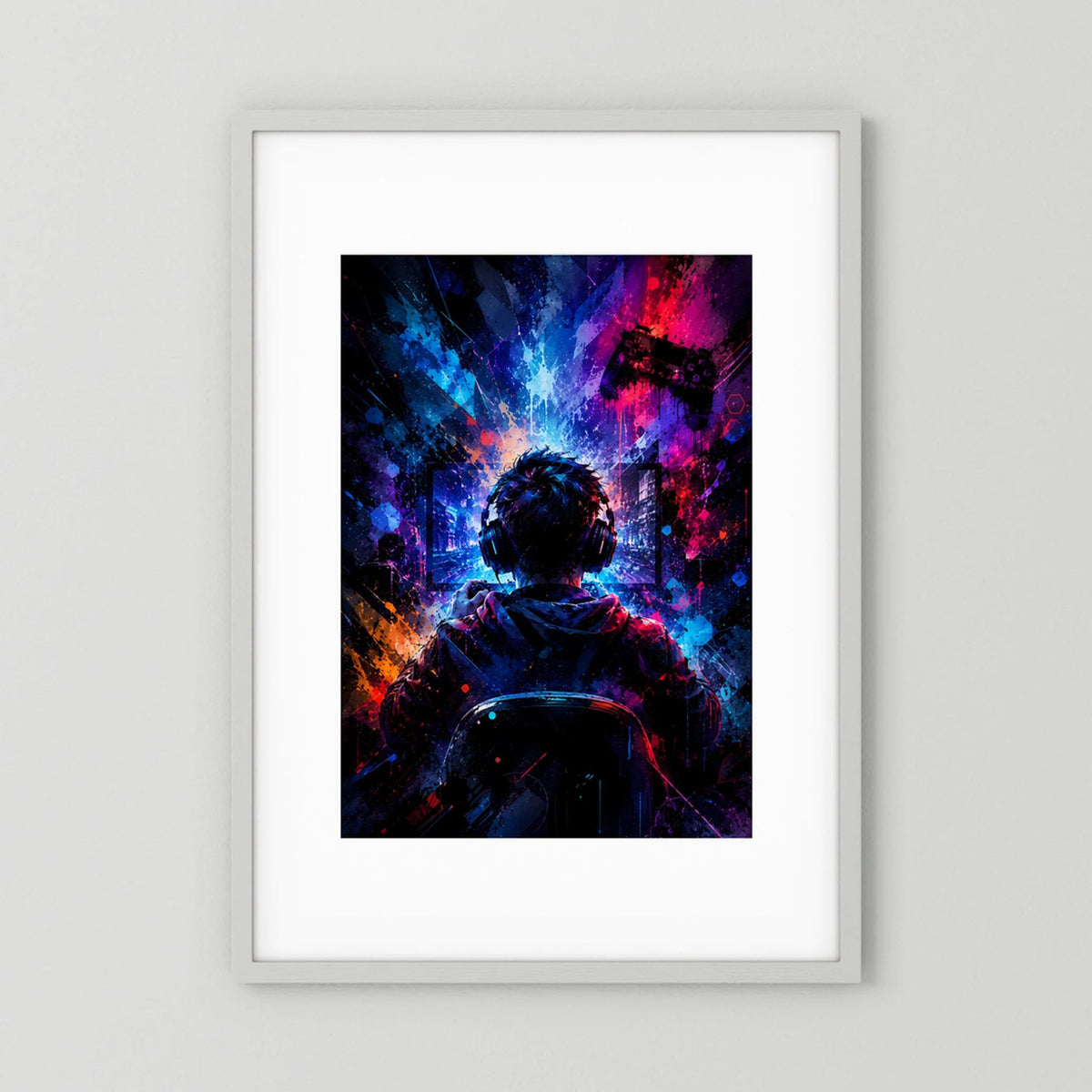 Neon-Gamer-Poster im Hochformat: Headset-Silhouette vor Farbnebel