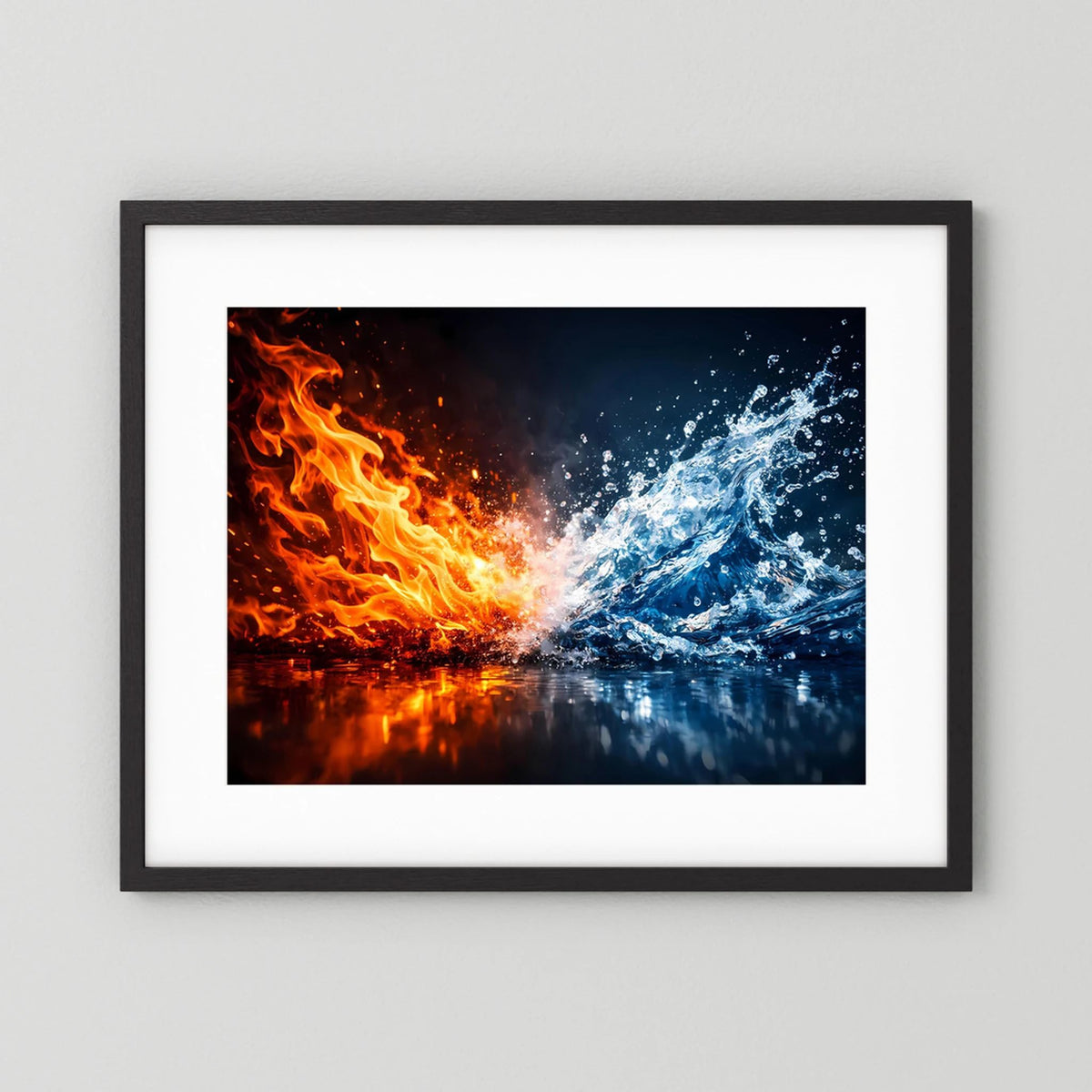 Querformat-Poster mit abstraktem Feuer-Wasser-Motiv, schwarze Holzumrahmung