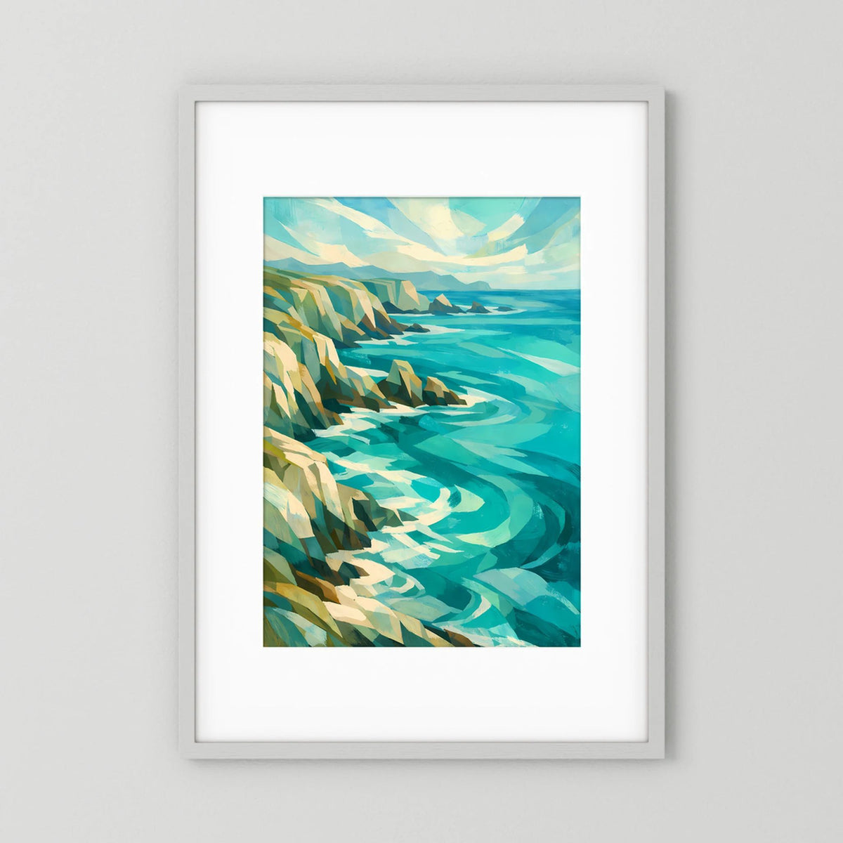 Hochformat-Poster: türkisfarbene Meereslandschaft mit Felsen im weißen Rahmen
