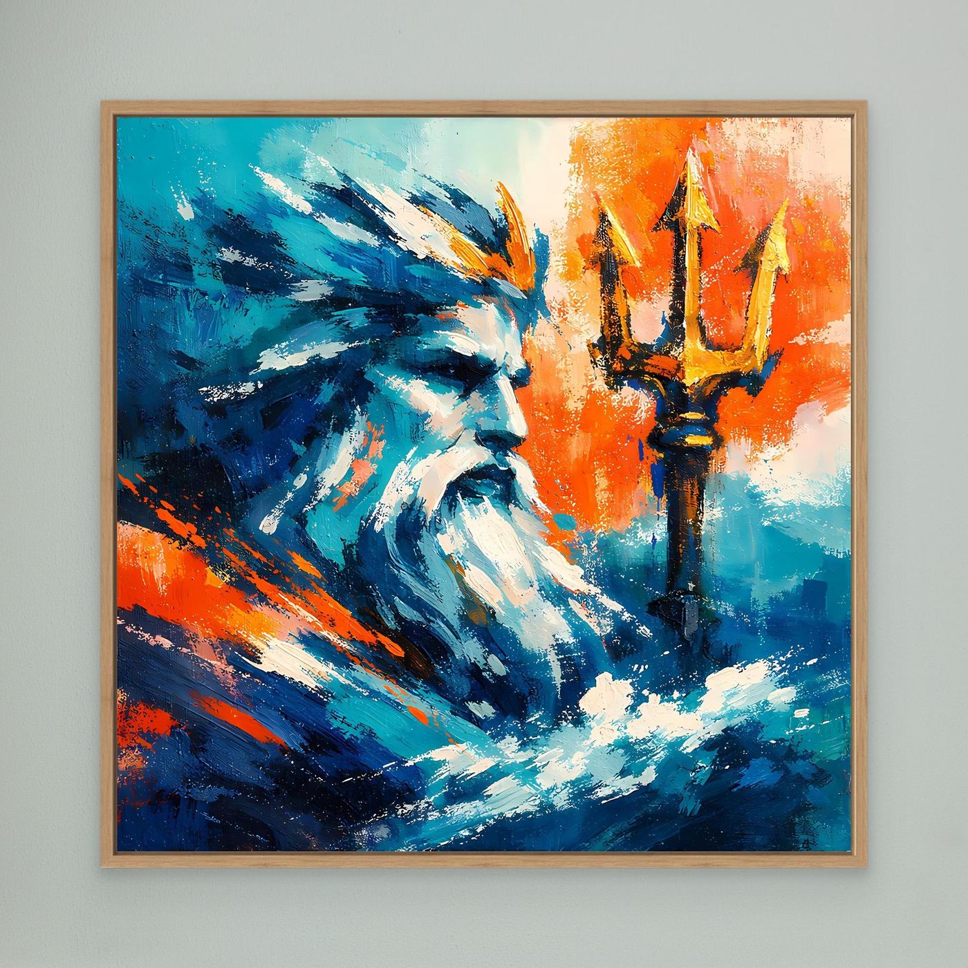 Abstract wall canvas with oak frame, blue bearded figure with orange background