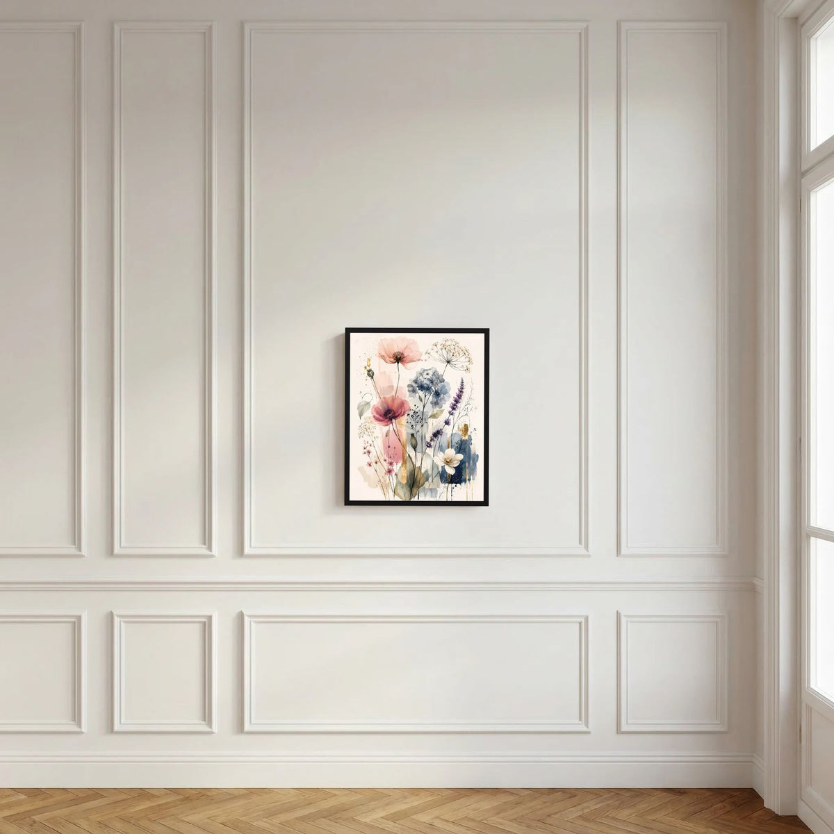 Hochformatiges Kunstposter mit Wildblumen in Pastellrosa und Hellblau, schwarzer Rahmen