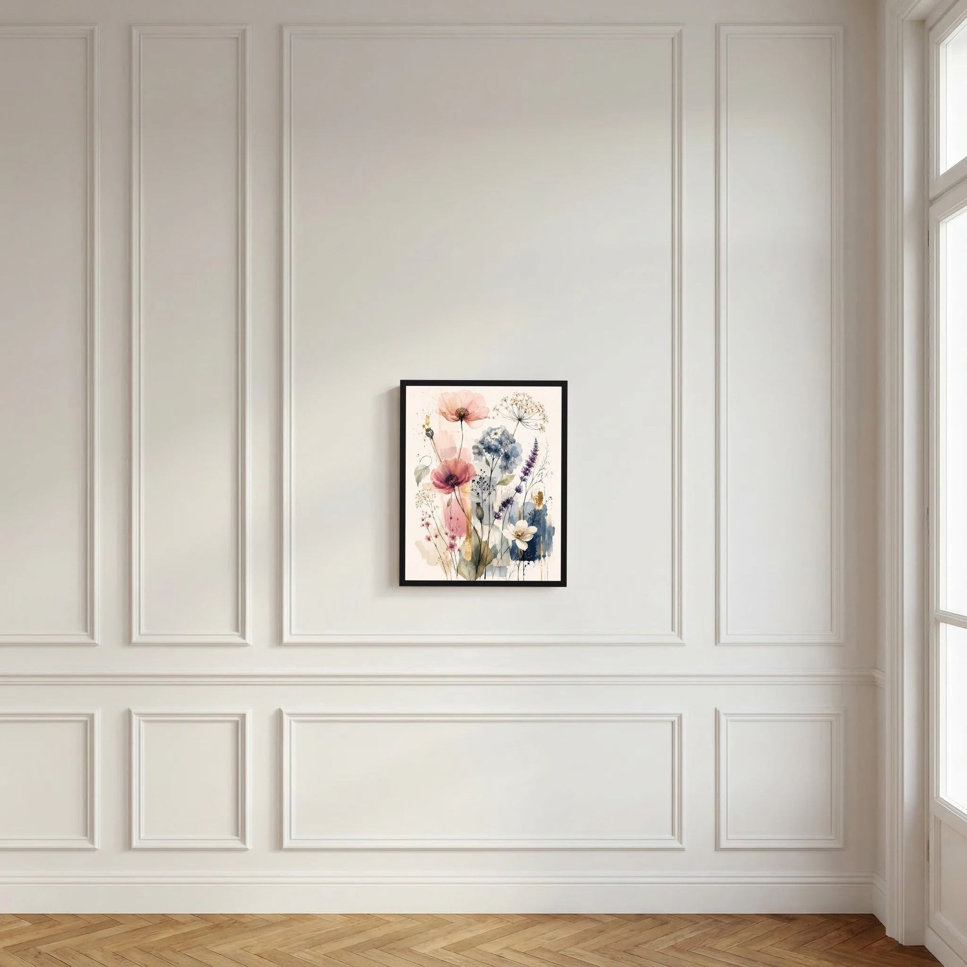 Hochformatiges Kunstposter mit Wildblumen in Pastellrosa und Hellblau, schwarzer Rahmen