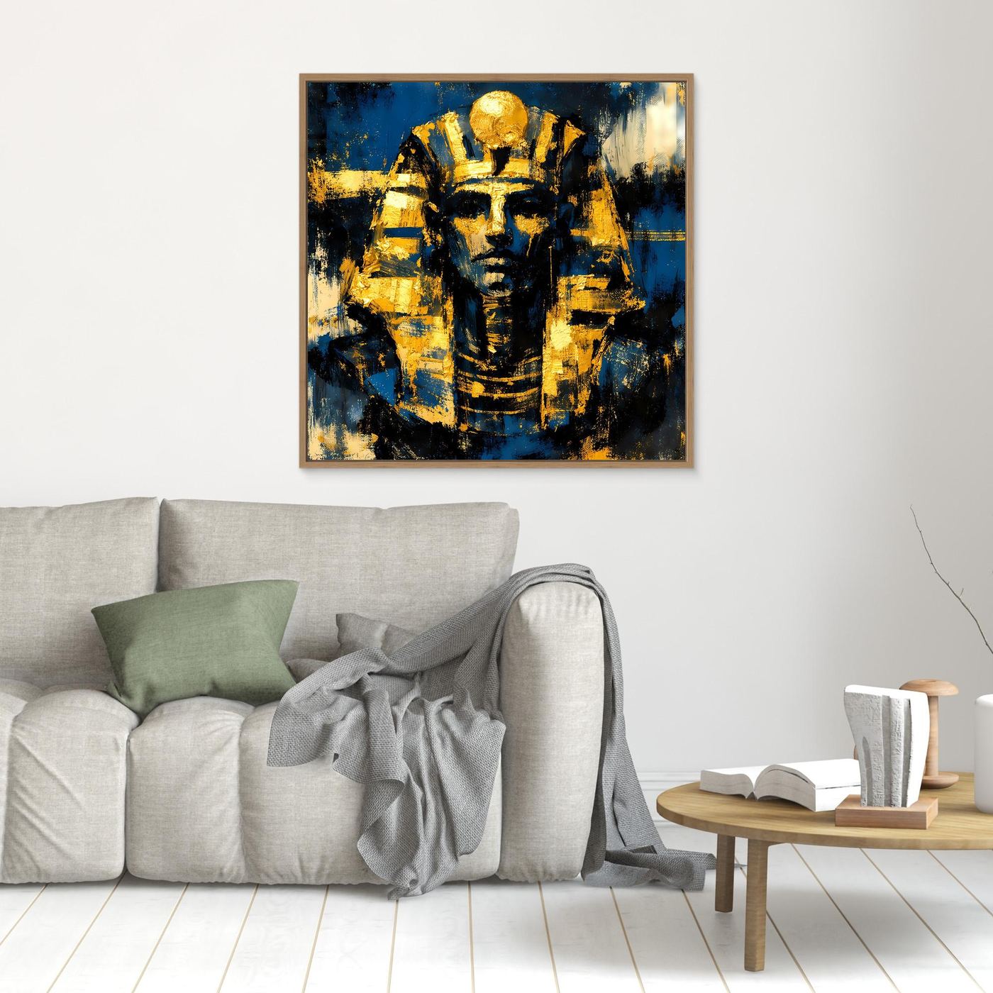 Ägyptisches Wandbild mit Pharao-Maske, goldene Akzente, Eichenrahmen