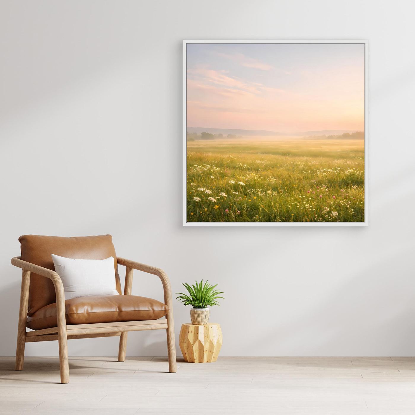 Leinwandbild Blumenwiese im Nebel mit weißem Bilderrahmen