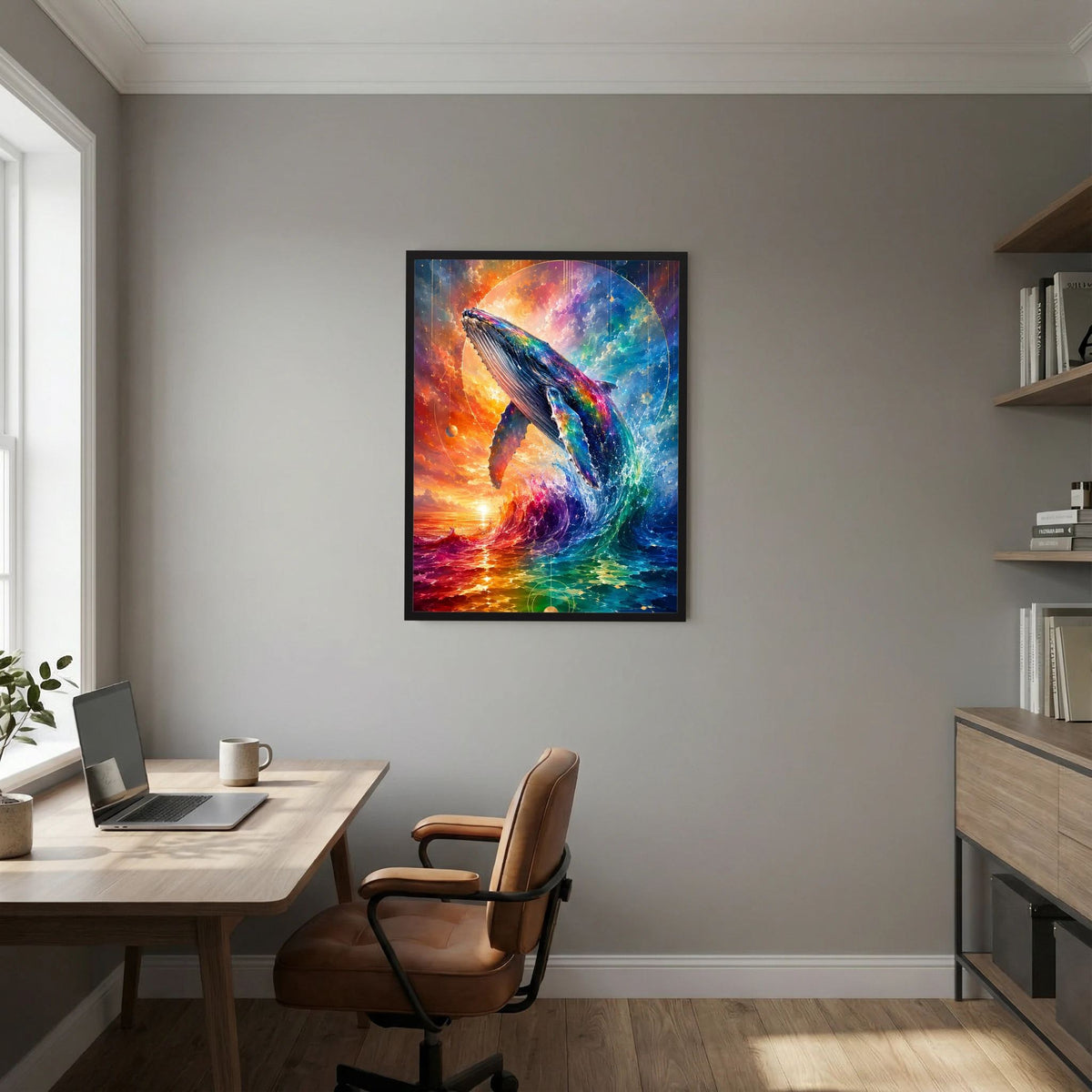 Hochformat-Poster mit abstraktem Walfisch und Meerfarben, Regenbogen, schwarzer Rahmen