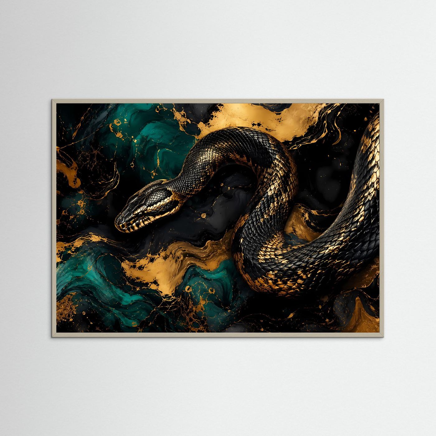 Majestätische Schlange in Gold & Schwarz | Modernes Wandbild mit Fluid Art & Tier-Motiv