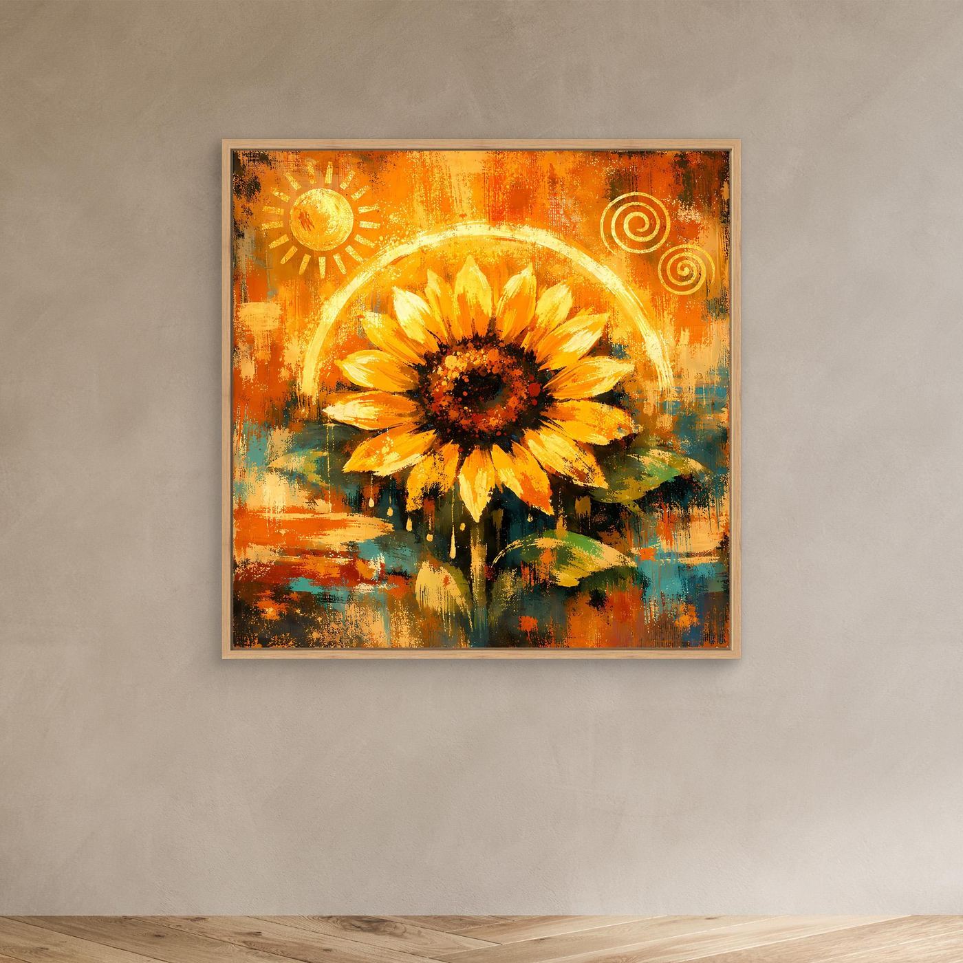 Abstraktes Leinwand-Wandbild mit goldener Sonnenblume und Kreismotiven, Eichenrahmen