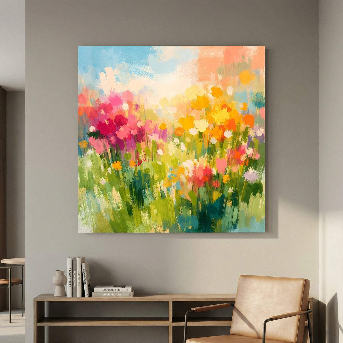 Buntes abstraktes Leinwandbild mit Wildblumen und Wiese, quadratisch