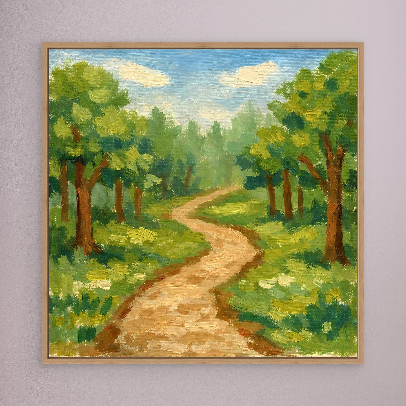 Leinwandbild Waldweg, Eichenholzrahmen; grüner Wald und goldener Pfad