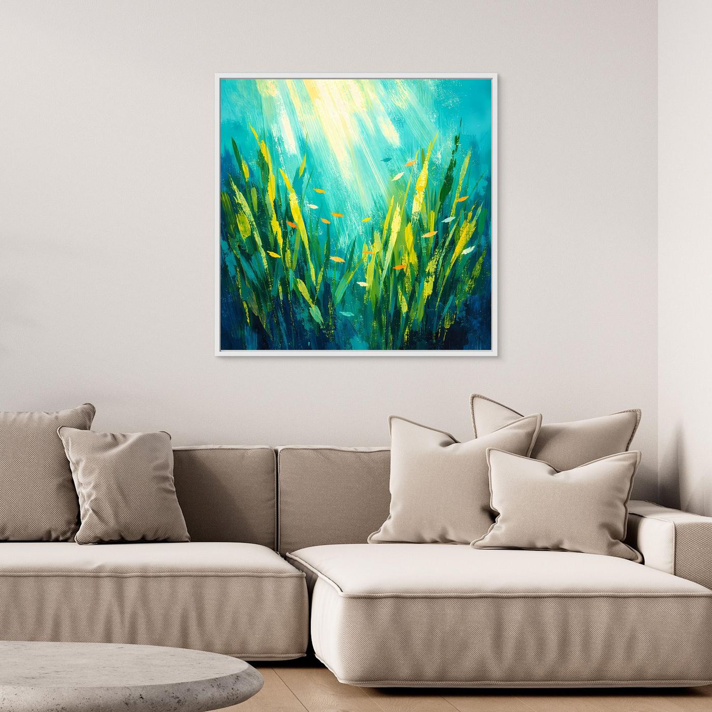 Leinwand Lichtdurchfluteter Algenwald unter Wasser | Abstraktes Ozean Wandbild