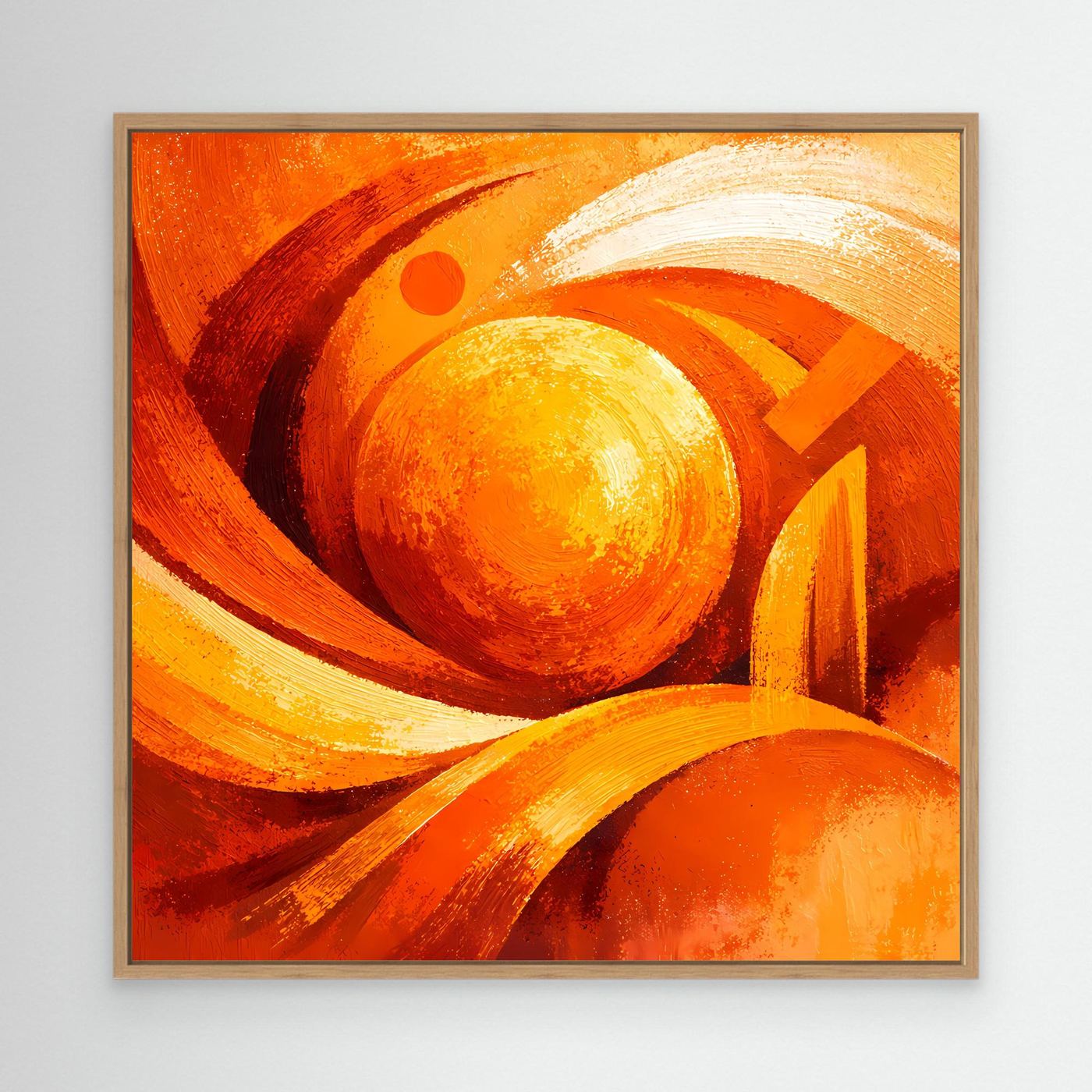 Abstraktes Leinwand-Wandbild in Orange und Gelb mit Wirbeln und Kreisformen, mit Rahmen