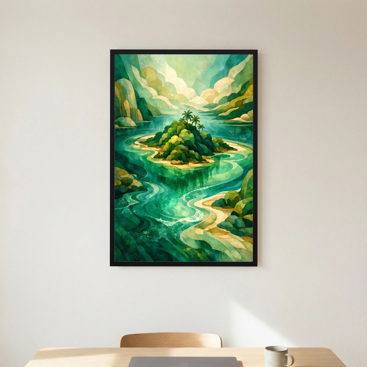 Abstraktes Inselposter in Türkis und Grün, schwarz gerahmt, Hochformat