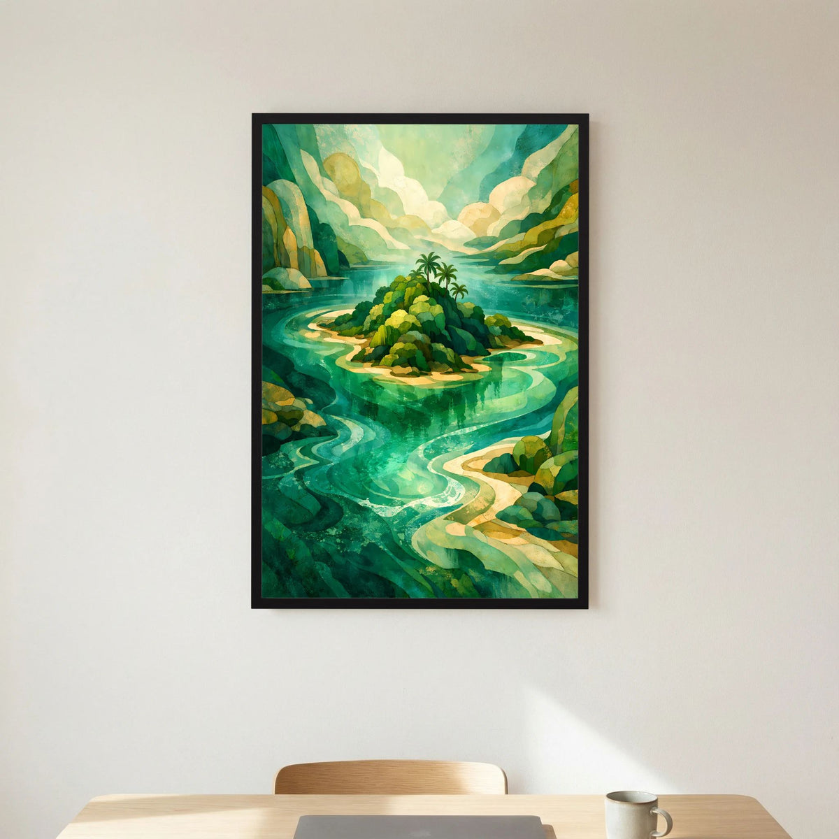 Abstraktes Inselposter in Türkis und Grün, schwarz gerahmt, Hochformat