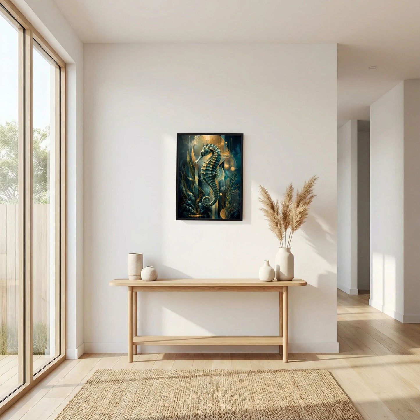 Gerahmtes Poster mit Seepferdchen-Motiv in Petrol und Gold, schwarze Einfassung an Wand.
