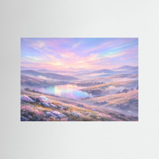 Panorama-Poster mit Hügellandschaft bei Sonnenaufgang und Regenbogen-Licht, Querformat