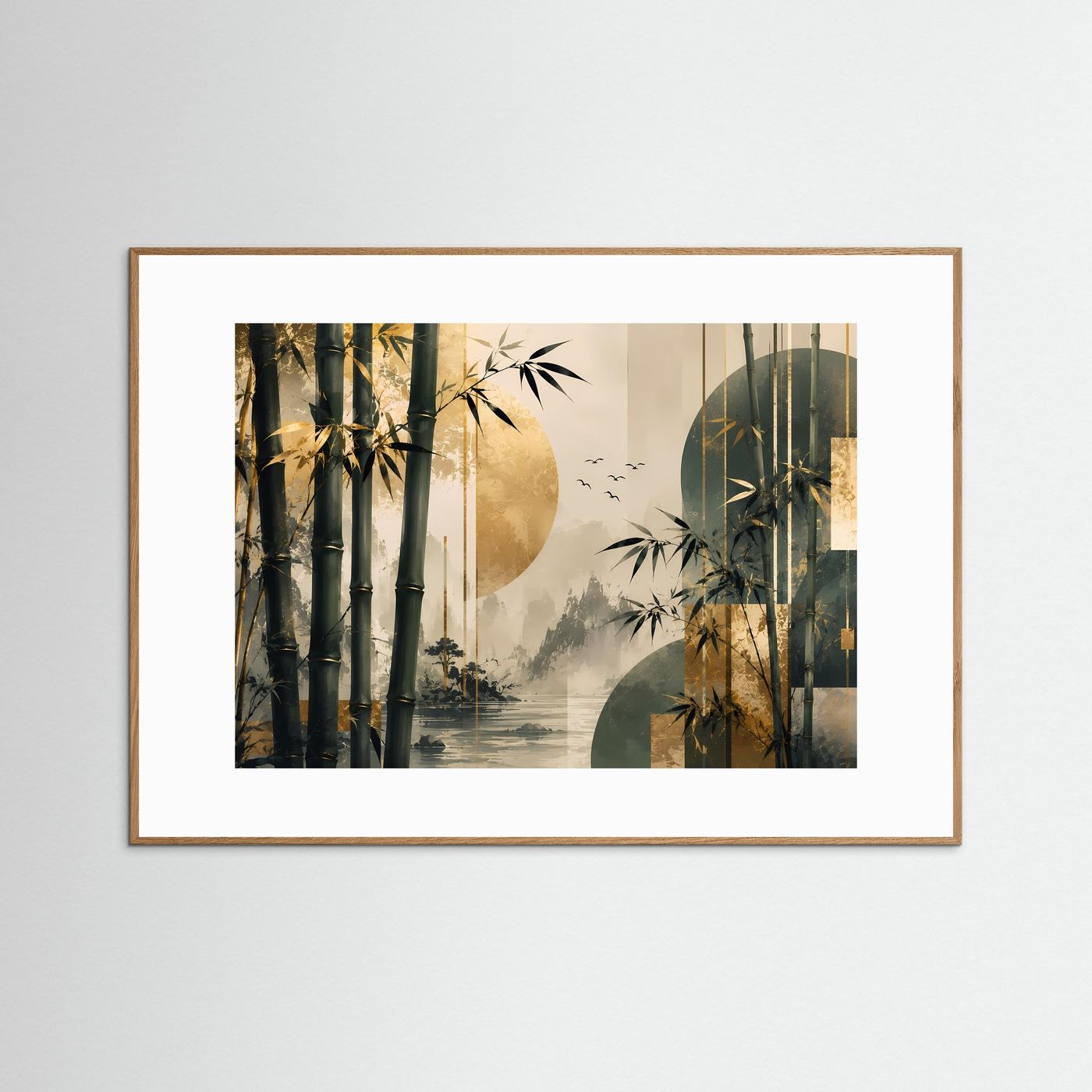 Poster im Querformat mit abstrakter Bambuslandschaft, goldene Mondform und dunkle Silhouetten, brauner Rahmen