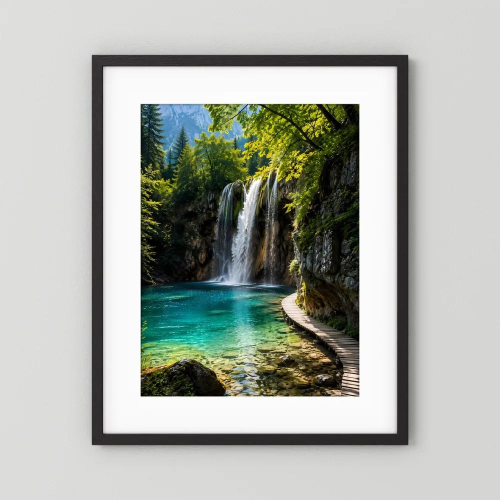 Hochformat-Poster mit Wasserfall und türkisfarbenem See, im schwarzen Rahmen und weißem Rand