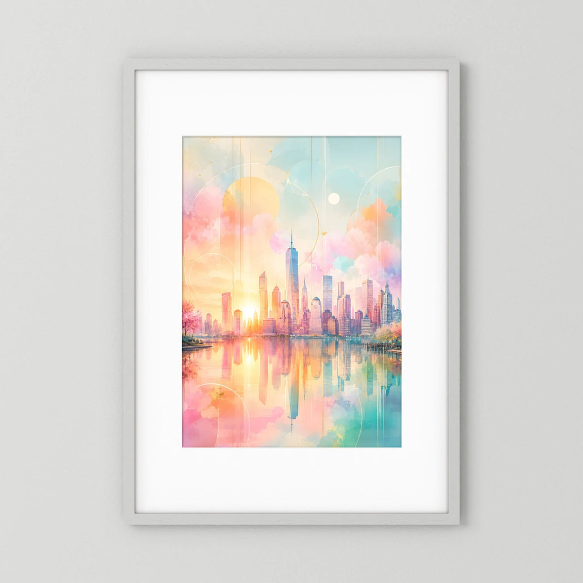 Gerahmter Kunstdruck mit pastellfarbener Skyline, Rosa, Türkis und Gold, Hochformat