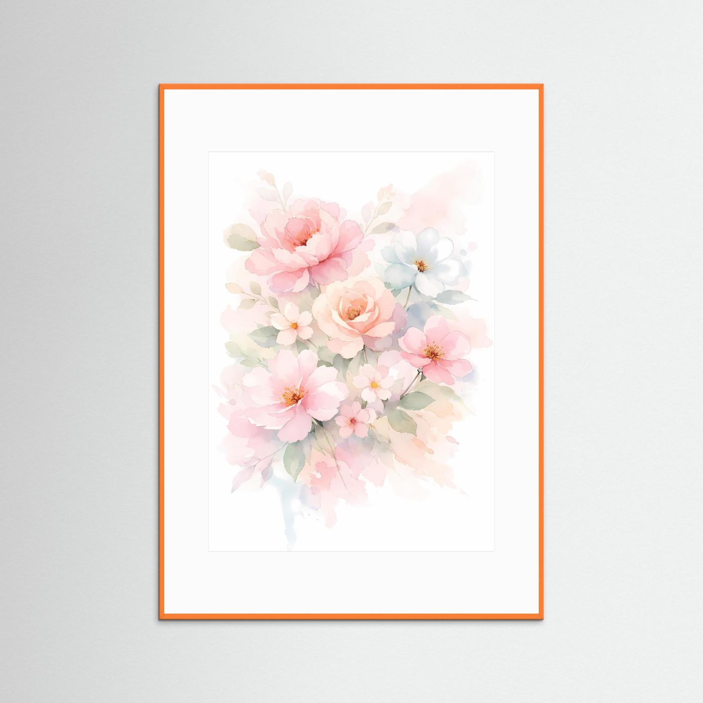 Gerahmtes Blumenposter im Aquarellstil mit rosa Blüten und weißem Passepartout
