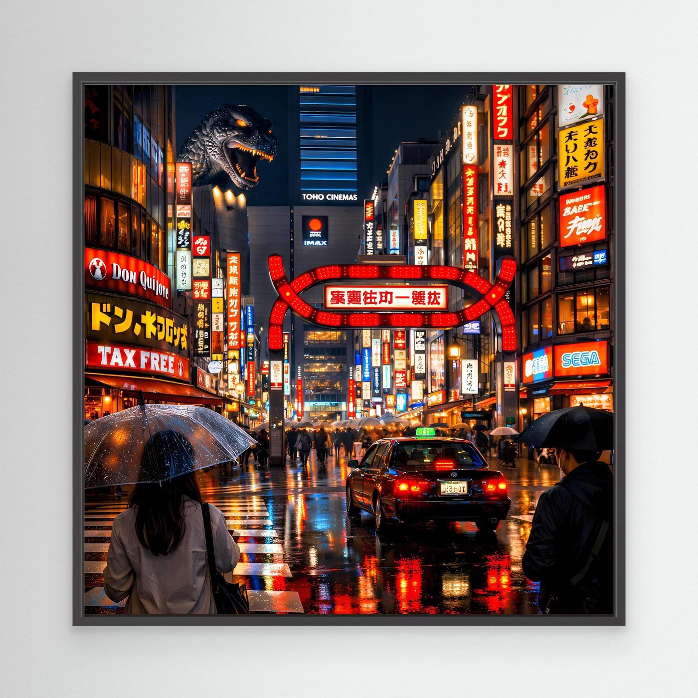 Leinwand Pulsierendes Tokio bei Nacht | Urbanes Kabukicho Kaiju Wandbild
