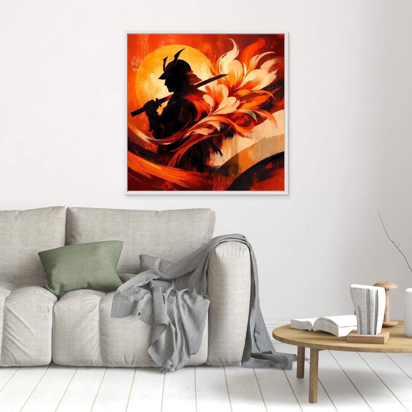 Kleines gerahmtes Wandbild mit schwarzer Samurai-Silhouette und orange-gelben Feuerbögen