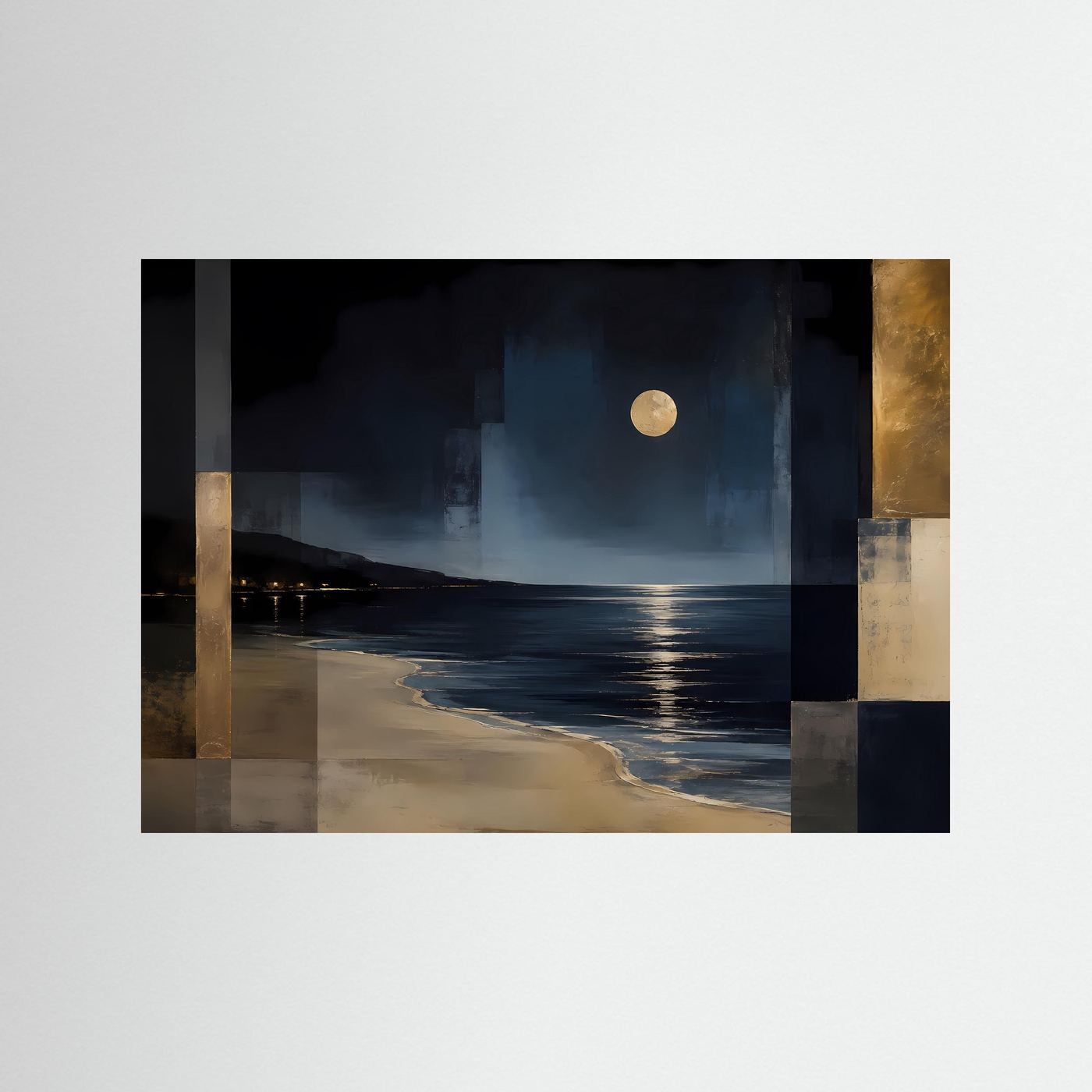 Poster mit abstrakter Strandlandschaft, Mondlicht, in Blau, Beige und Gold; schwarze Rahmenleiste.