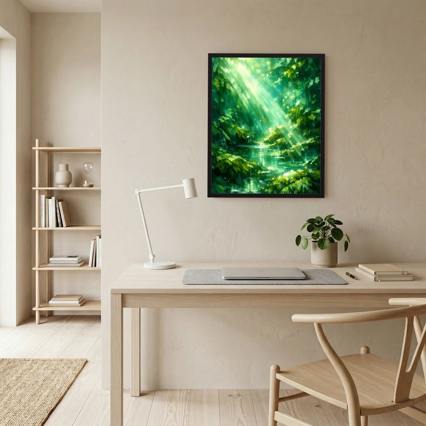 Gerahmtes Hochformat-Wandposter mit grünem Waldsee und Sonnenstrahlen