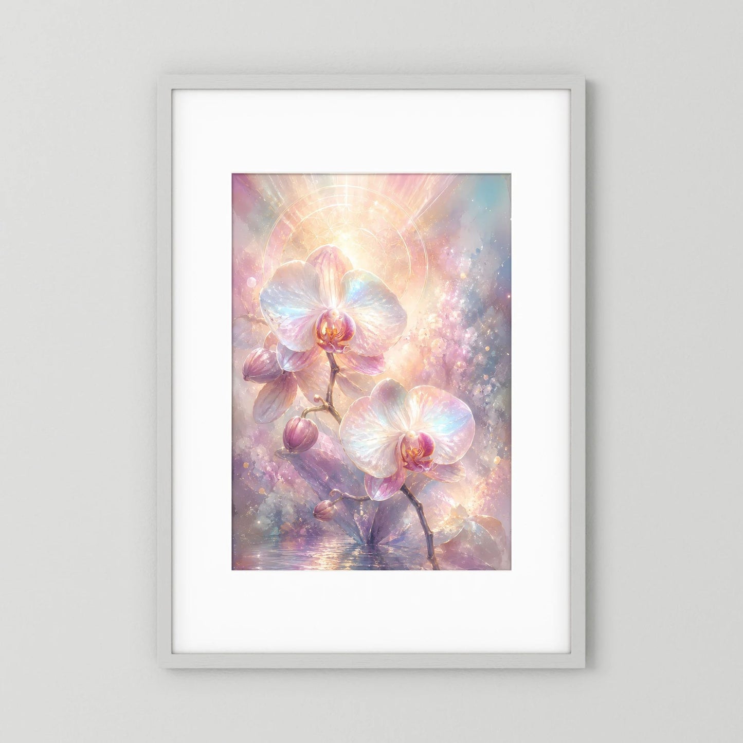 Hochformatiges Blumenposter mit pastellfarbenen Orchideen und leuchtenden Blüten