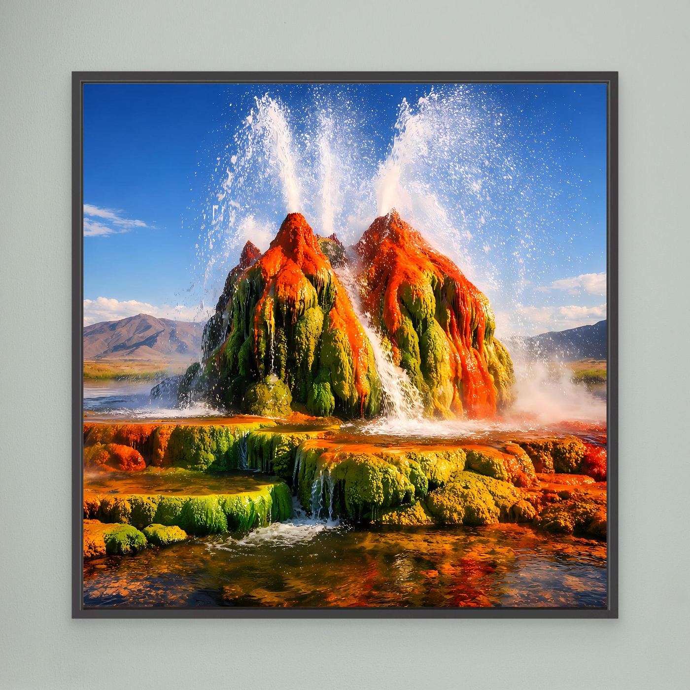 Gerahmtes Leinwandbild mit Geysir-Fontänen und Landschaft in Grün, Orange und Blau
