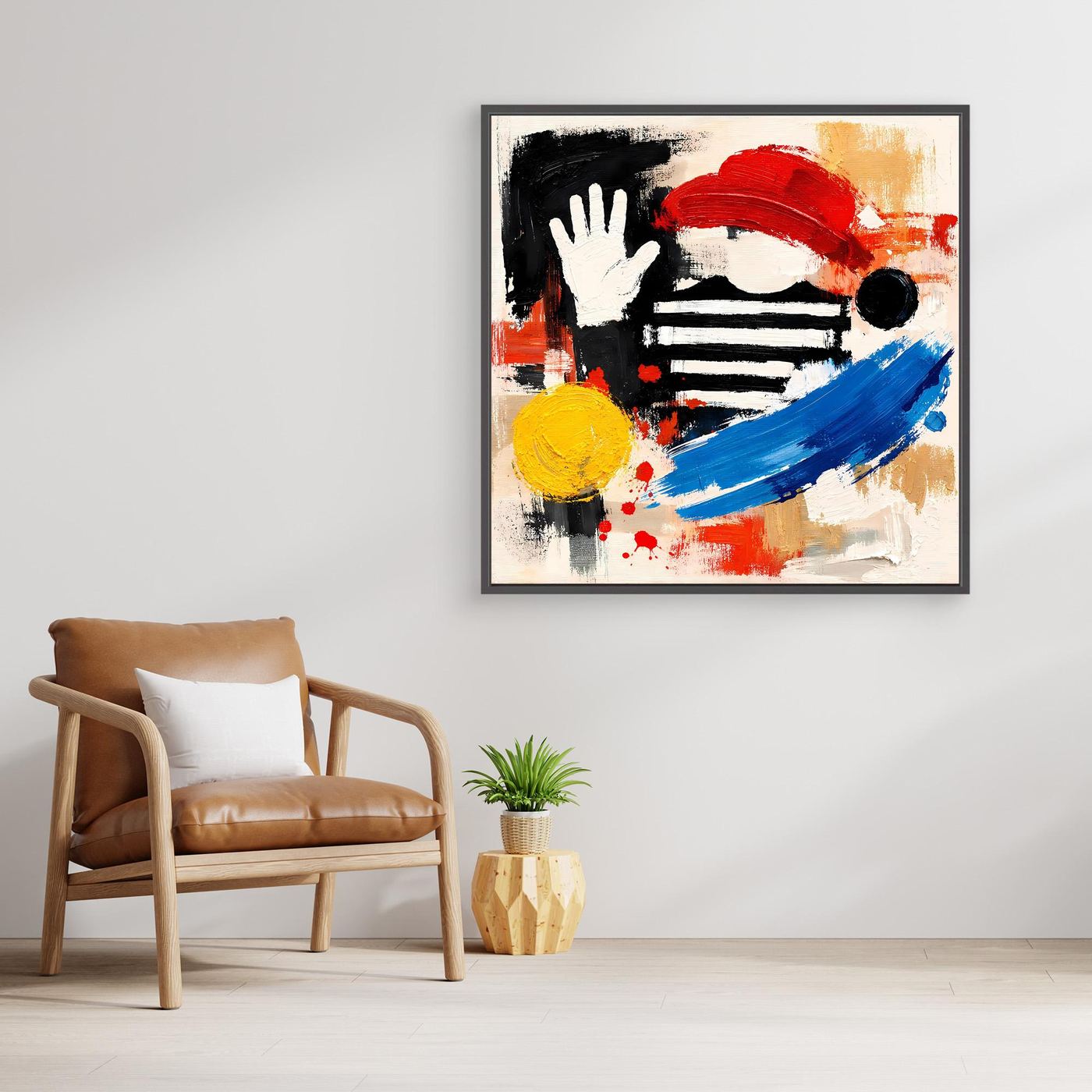 Abstract pop art canvas wall print with hand and stripes in red, blue, yellow, black frame