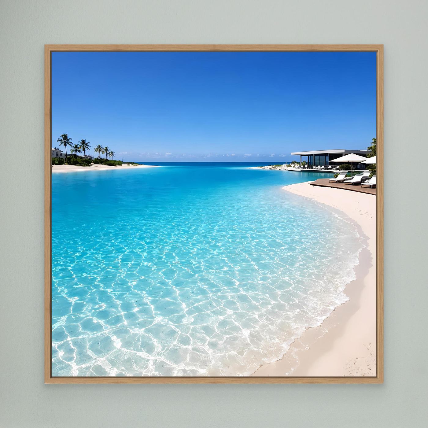 Leinwandbild Strand mit türkisblauem Meer in Eichenrahmen