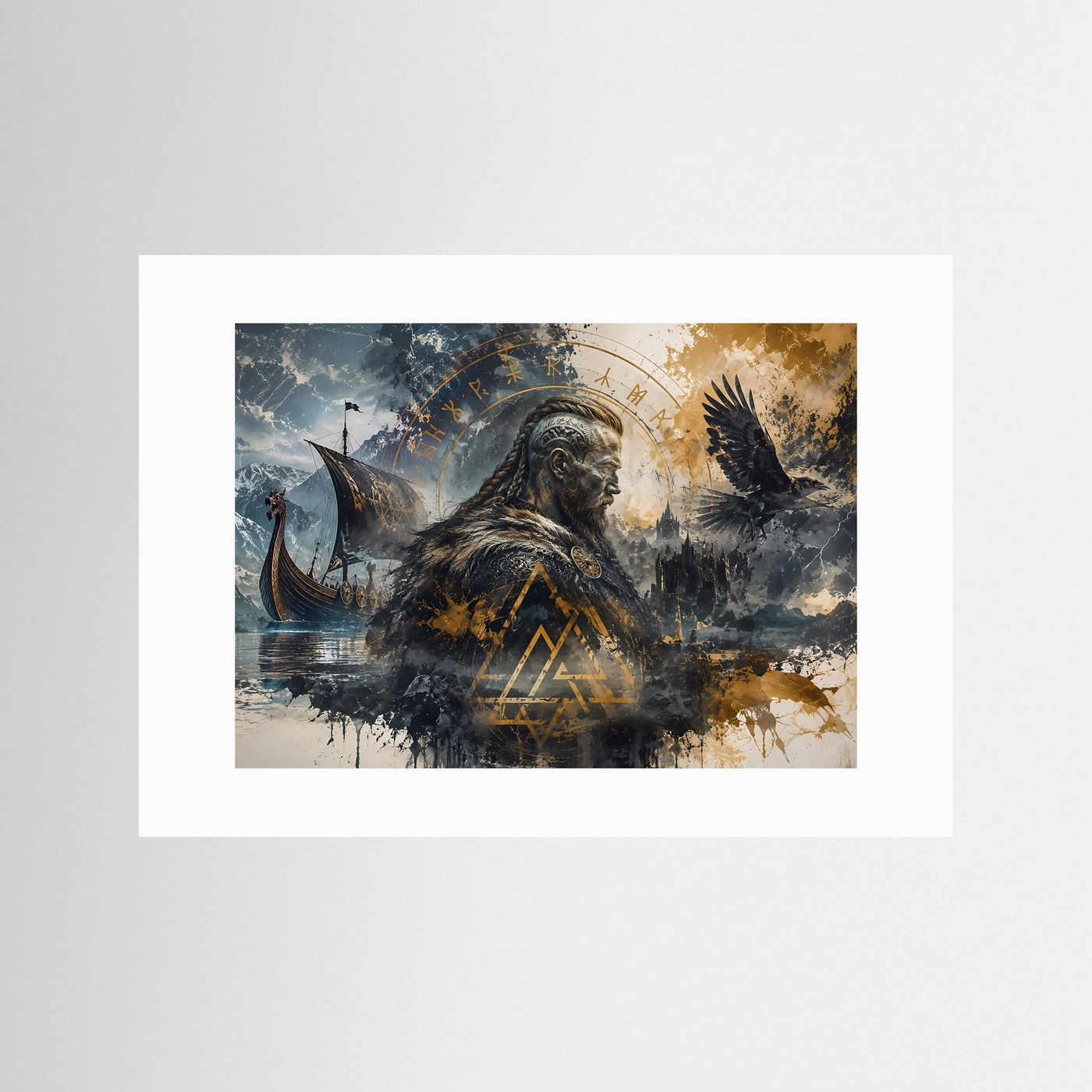 Wikinger Poster | Nordische Mythologie Wandbild | Viking Kunst mit Rabe & Langschiff | Ragnarök Runen | Skandinavische Fine Art