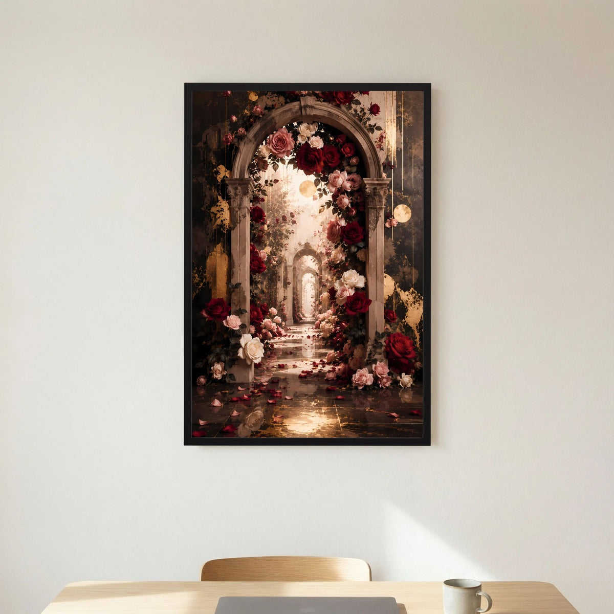 Gerahmtes Hochformat-Poster mit Rosenbogen und roten sowie weißen Blüten