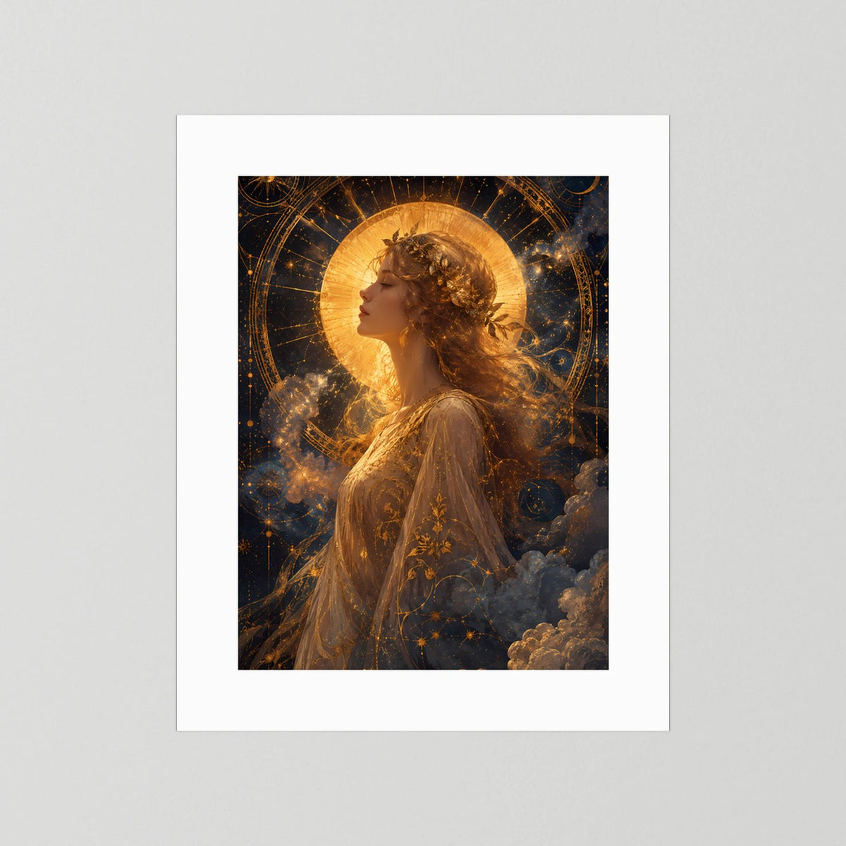 Hochformat-Poster mit goldener Frau im Profil, Sonne, Mond und Sternen, weißer Rahmen