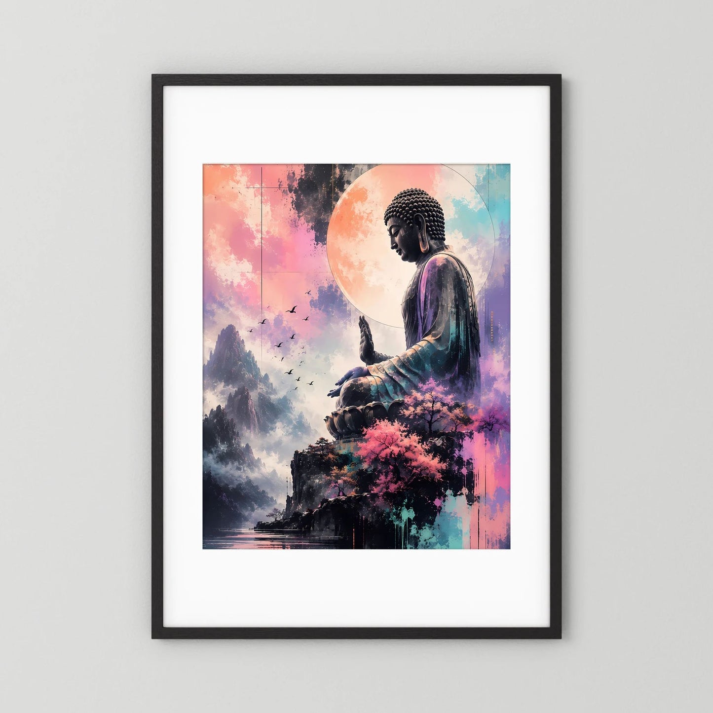 Hochformatiges Buddha-Poster mit meditierender Figur, Bergen und Kirschblüten, schwarzer Rahmen