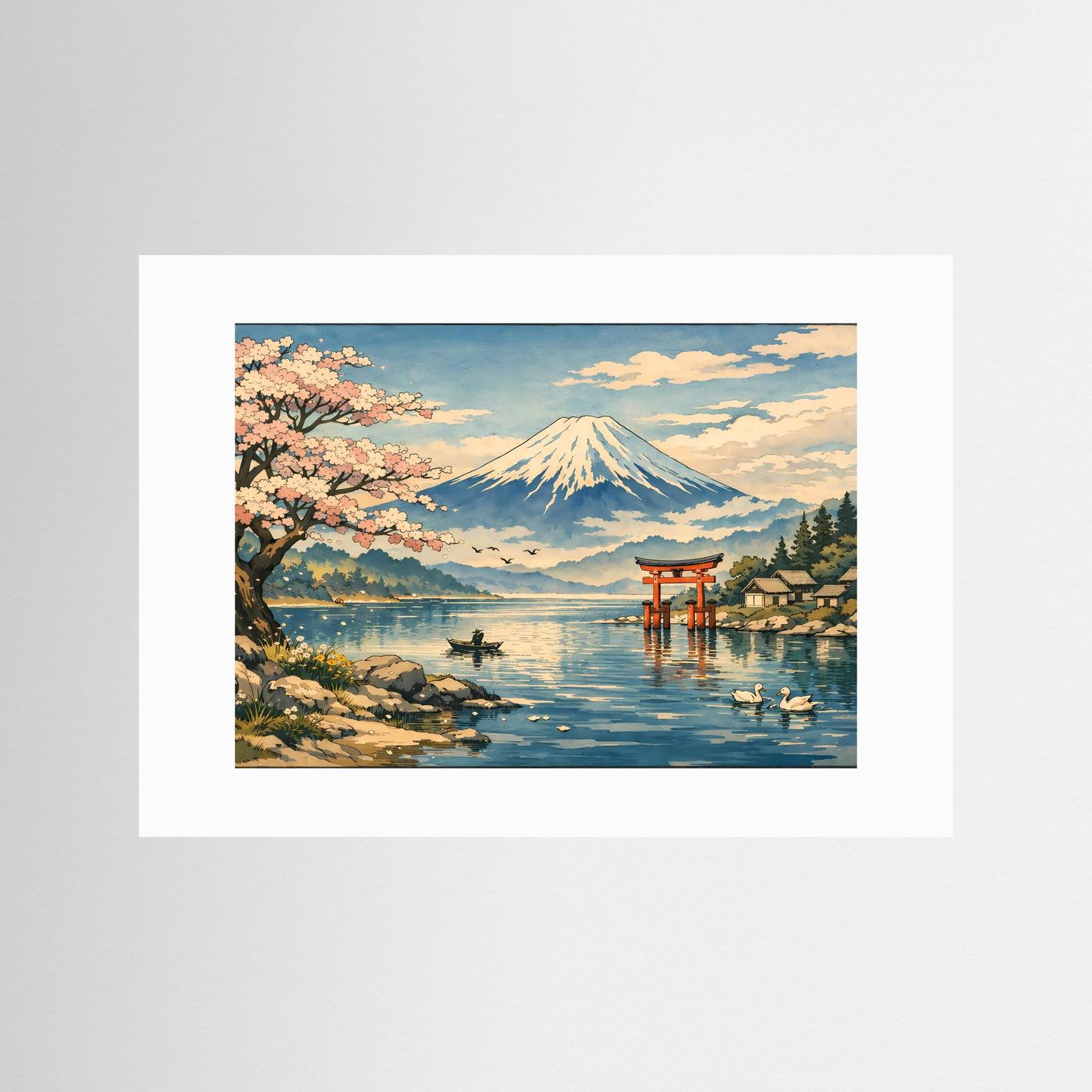 Japanisches Wandbild mit Berg Fuji, Kirschblüten am Ufer, Torii, weißer Rahmen