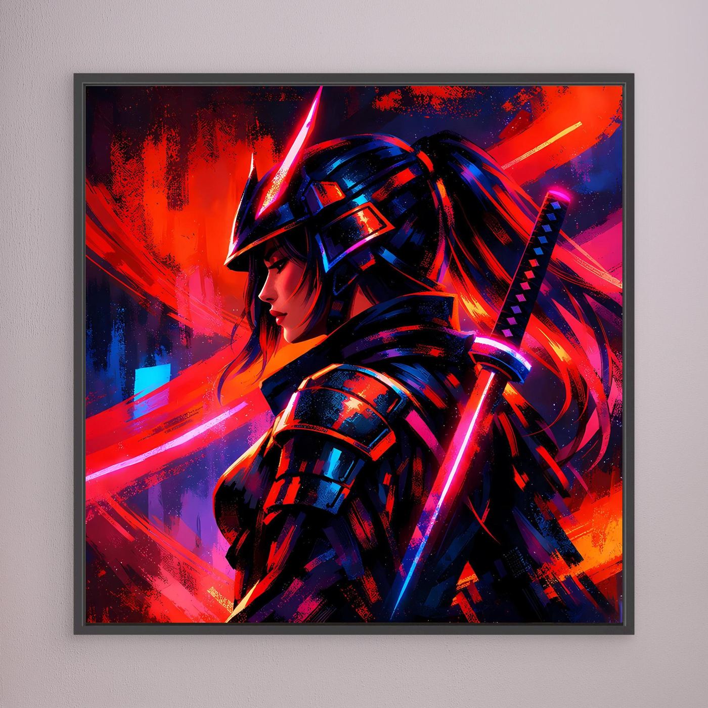 Leinwandbild mit schwarzem Rahmen: Samurai-Kriegerin mit leuchtenden Neon-Akzenten.