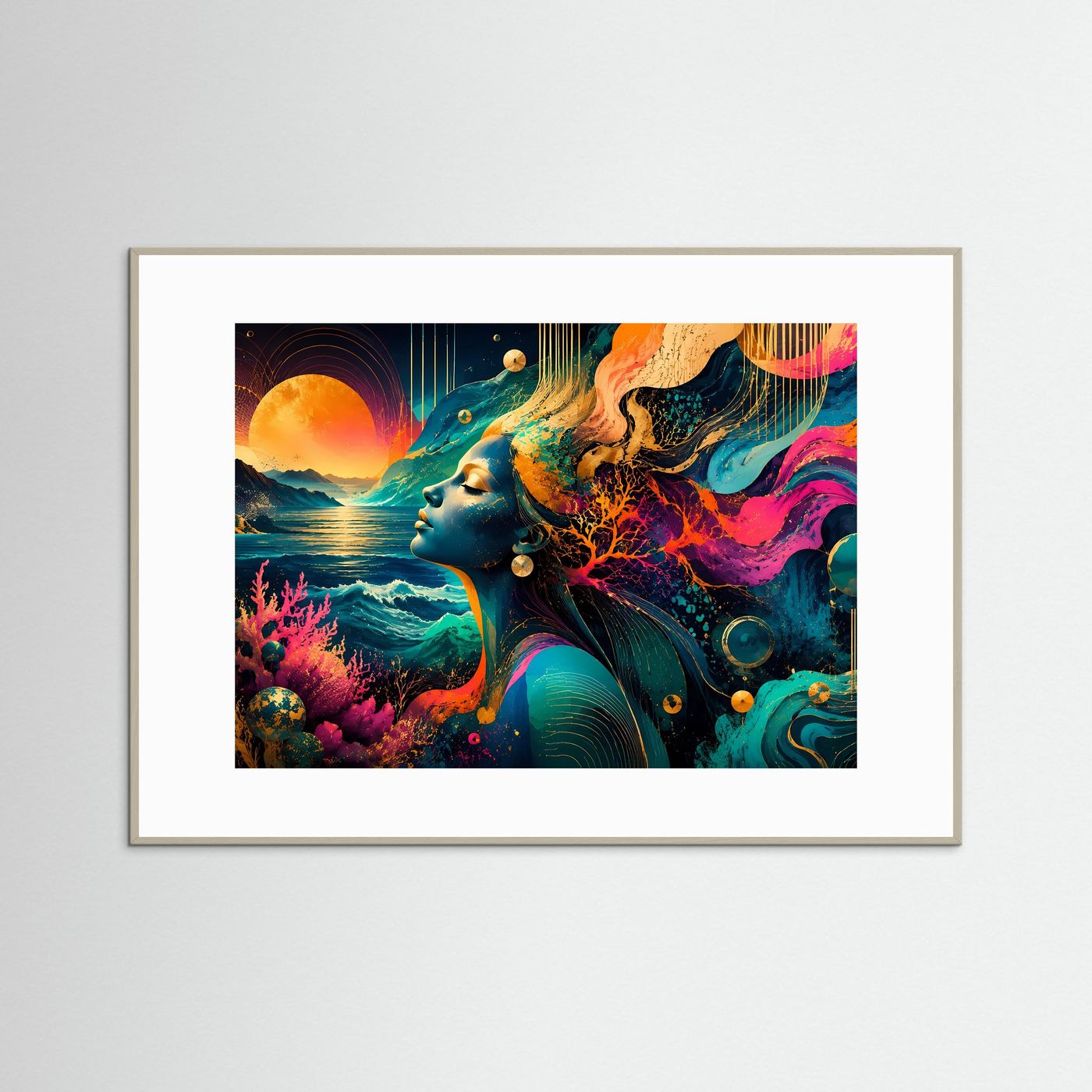 Abstrakte Meeresgöttin Wandbild | Moderne Ozean Frau Kunst | Farbenfrohe Coastal Wall Art | Türkis Pink Gold Poster | Luxuriöse Leinwand Dekoration
