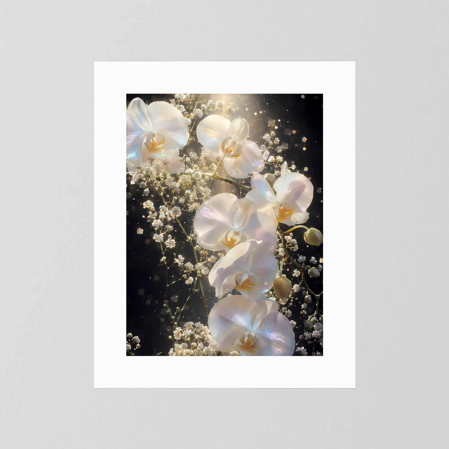 Orchideen-Blumenposter mit weißen Blüten im schwarzen Rahmen mit weißem Passepartout
