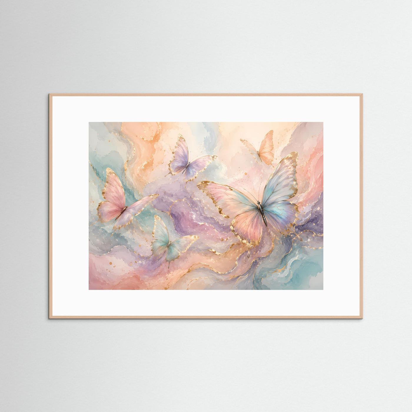 Pastell Schmetterlinge Poster | Elegante Schmetterlingskunst in Rosa Blau Gold | Moderne Aquarell Wanddekoration | Abstrakter Kunstdruck