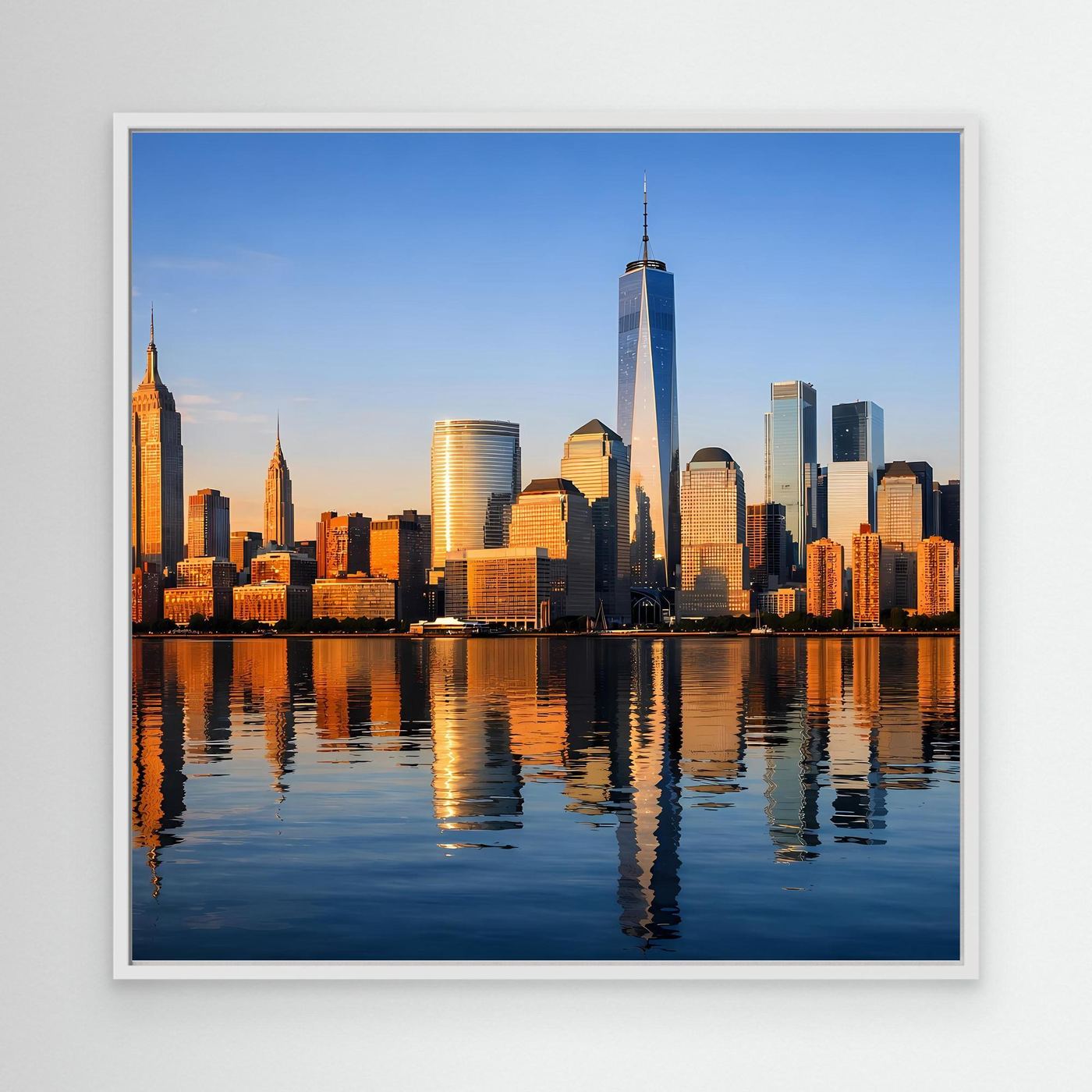Leinwand-Wandbild im weißen Rahmen mit New-York-Skyline bei Sonnenuntergang und Wasserreflexion