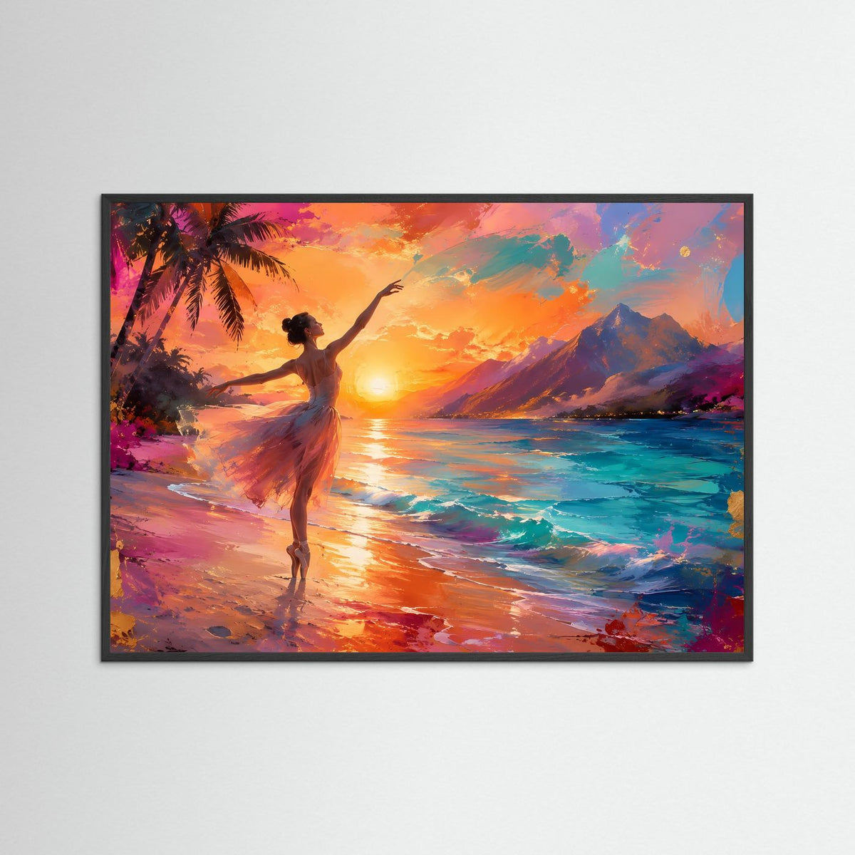 Ballett-Poster mit Tänzerin am Strand im schwarzen Rahmen, Sonnenuntergangs-Motiv