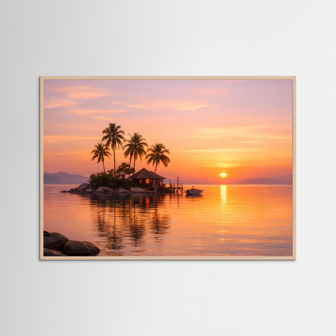 Wandbild mit tropischer Insel im Sonnenuntergang, beigefarbener Rahmen